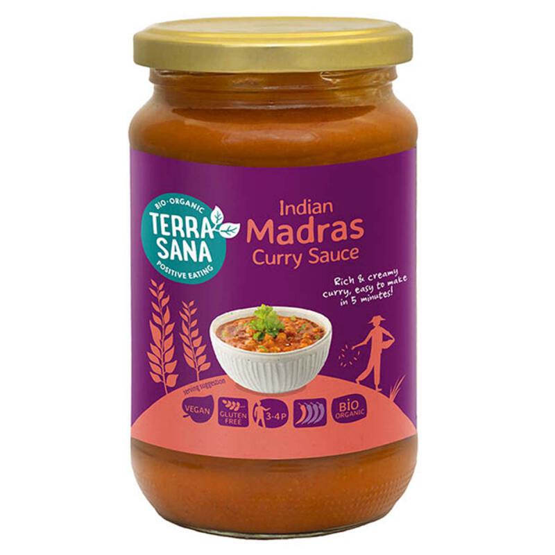 Curry saus indiase madras van TerraSana, 6 x 350 g