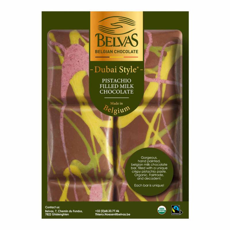 Choco dubai pistache reep van Belvas, 10 x 100 g