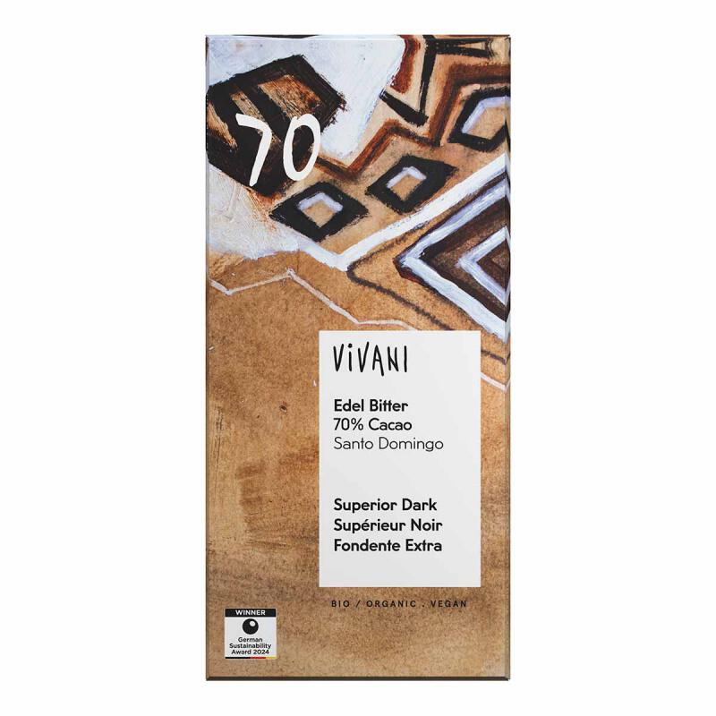 Tablet puur 70% edelbitter van Vivani, 10 x 80 g