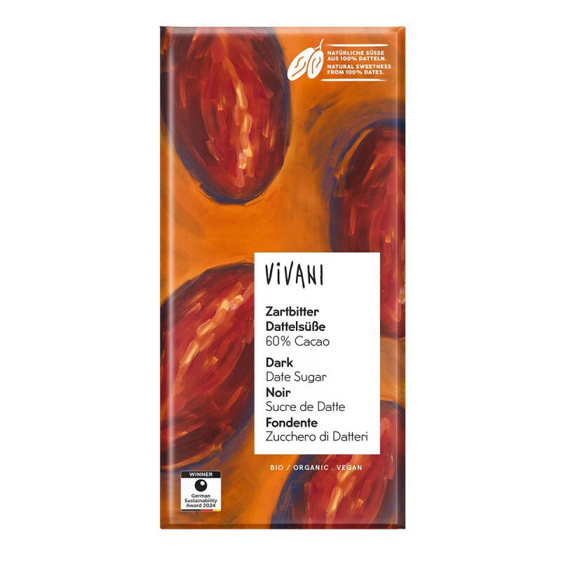 Chocolade Tablet 60% puur dadel van Vivani, 10 x 80 g