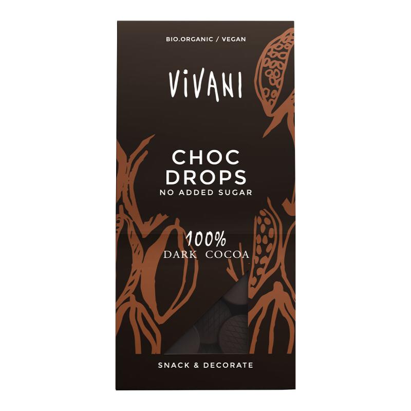 Choc drops dark 100% van Vivani, 8 x 100 g