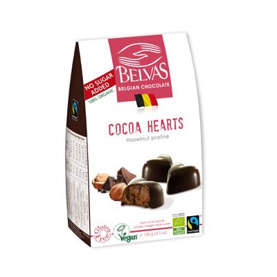 Cacao hearts hazelnoot no sugar added van Belvas, 6 x 100 g