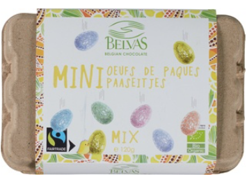 Eier doosje met mini chocolade paaseitjes mix van Belvas, 12 x 1