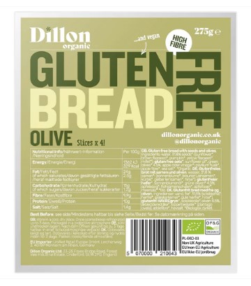 Olive Gluten Free Sliced Bread van Dillon Organic, 4 x 275 g