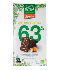 Chocolade Demeter 63% gekarameliseerde amandelen van Belvas, 18