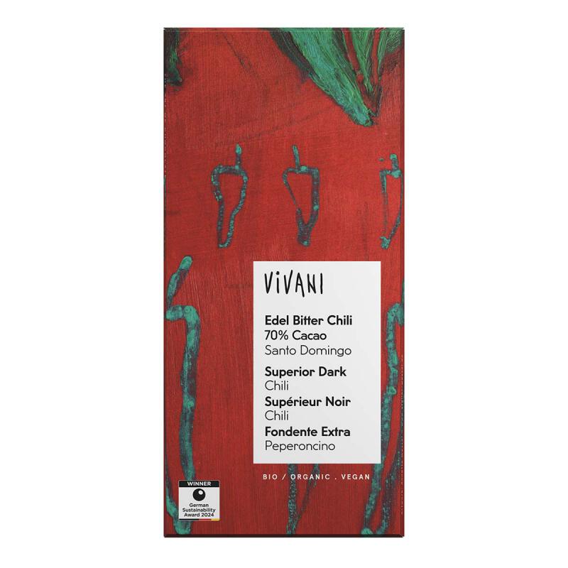 Chocolate bar superior dark chili 70% cacao san... van Vivani, 10 x 80 g
