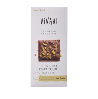 Chocoladereep puur espresso pistache van Vivani, 10 x 80 g