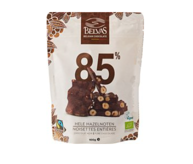 Chocoladethins 85% met hele hazelnoten van Belvas, 6 x 100 g