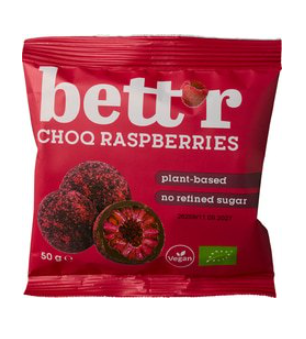 Frambozen in chocolade, gevriesdroogd van Bett`r, 9 x 50 g